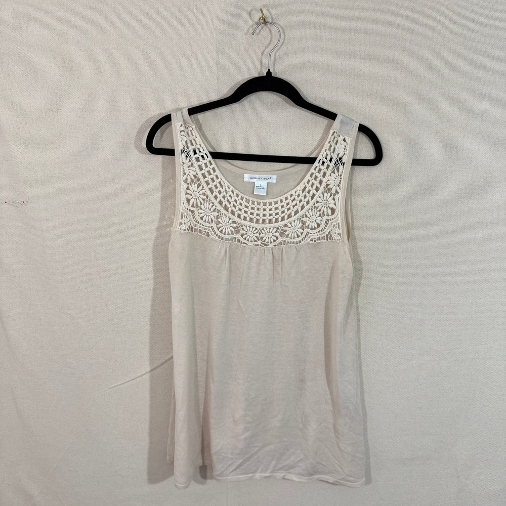 August Silk Womens Linen Blend Crochet Lace Neck Tank Top Beige Large